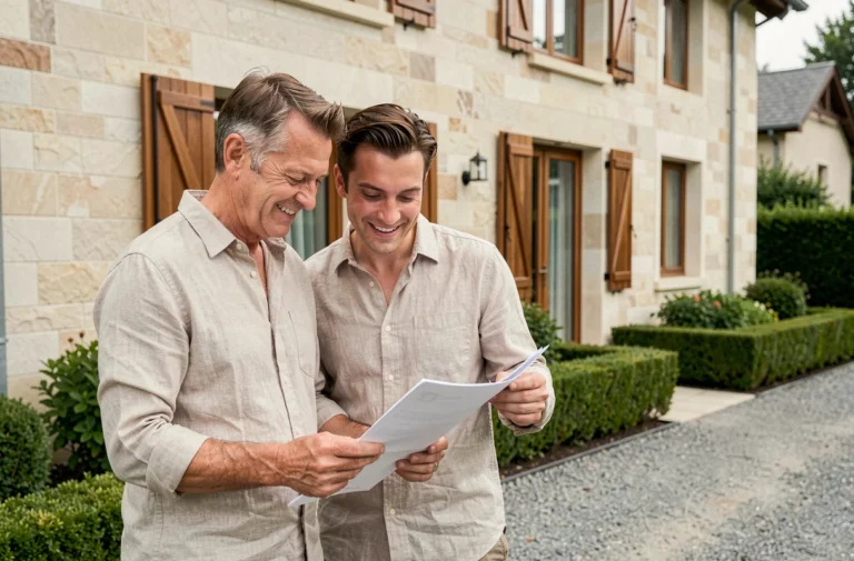 Couple de quadragénaires devant leur future maison consultant des documents immobiliers