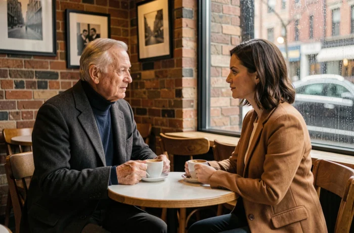 Couple dans un café new-yorkais élégant, homme âgé en col roulé et femme en blazer camel partageant un moment intime autour d'un espresso