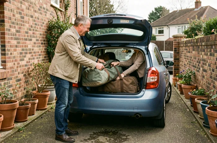 Couple chargeant des bagages dans un break compact avant un départ en voyage en voiture