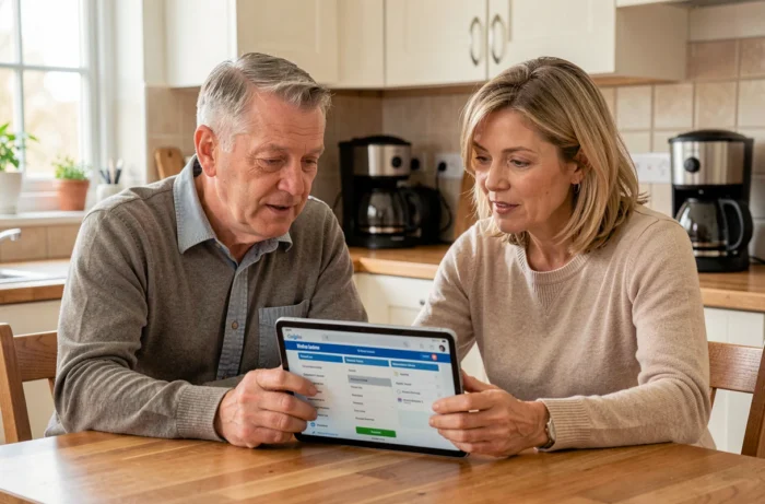 Couple discutant des options de mutuelle 403 autour d'une tablette dans leur cuisine