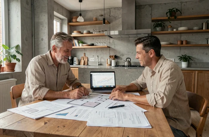 Couple consultant des plans immobiliers et des tendances du marché à la maison