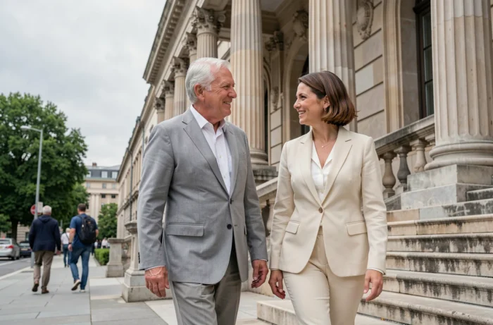 Couple influent marchant devant un bâtiment néoclassique, homme aux cheveux argentés et femme élégante en discussion animée