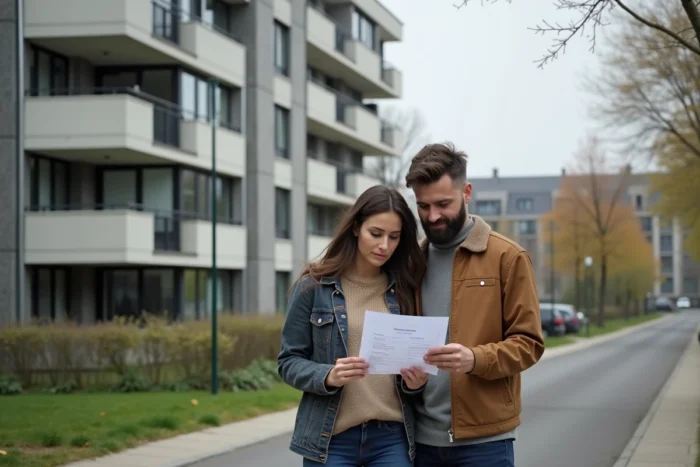 Couple devant un immeuble de logement social HLM lors d'une demande Syplo