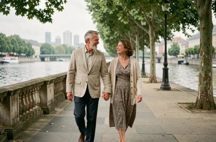 Couple mature se promenant main dans la main sur un bord de rivière européen, partageant un moment complice et détendu en plein air