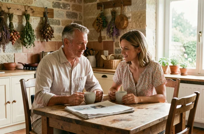 Un couple complice dans la cinquantaine partageant un café dans une cuisine de maison de campagne française