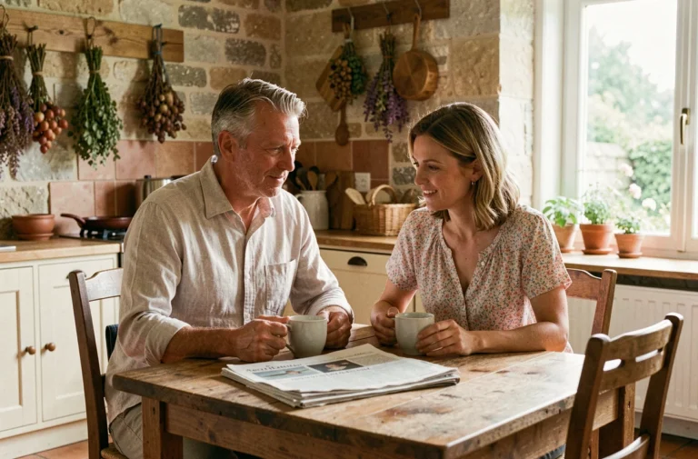 Un couple complice dans la cinquantaine partageant un café dans une cuisine de maison de campagne française