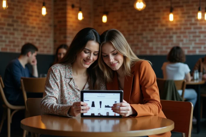 Deux femmes comparant des vêtements sur une tablette dans un café urbain, discutant de leurs achats mode en ligne autour d'une table en bois
