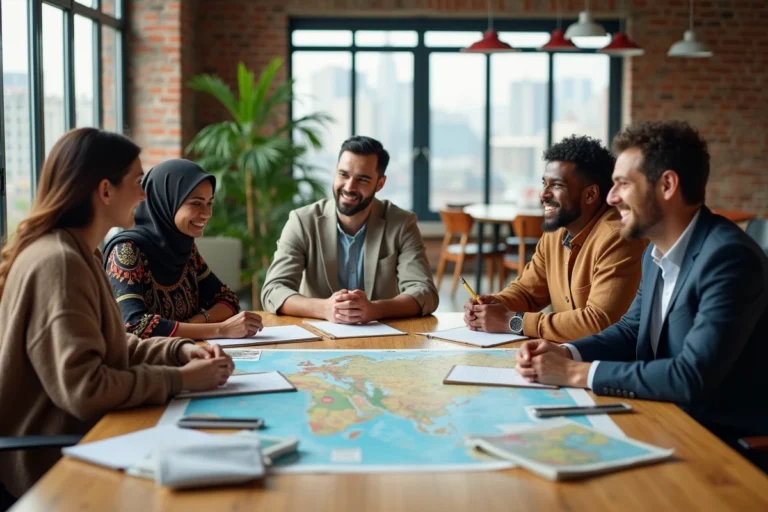 Groupe de professionnels issus de diverses cultures réunis autour d'une table de réunion pour un échange interculturel