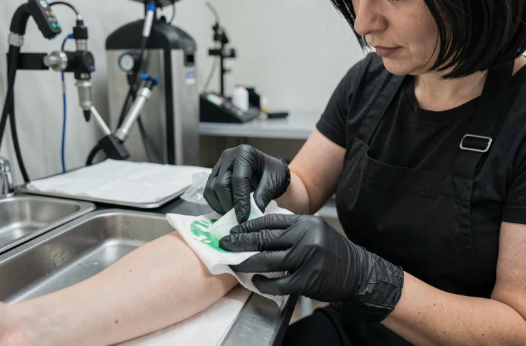 Tatoueuse professionnelle effaçant un stencil de tatouage sur l'avant-bras d'un client avec du savon vert et une compresse, dans un studio de tatouage moderne