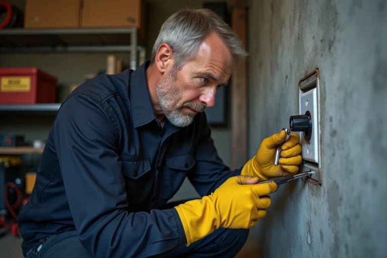 Électricien testant une prise de terre avec un testeur de tension dans un garage résidentiel
