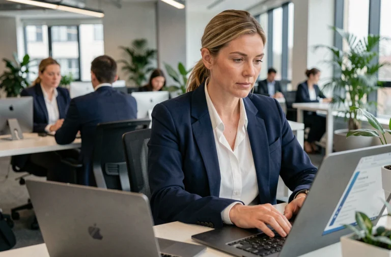 Employée de La Poste connectée à l'extranet GTA sur un ordinateur portable dans un bureau moderne
