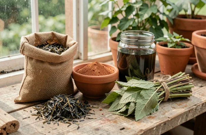 Engrais biologiques alternatifs au tourteau de ricin disposés sur un établi de jardinage : algues séchées, purin d'ortie et consoude