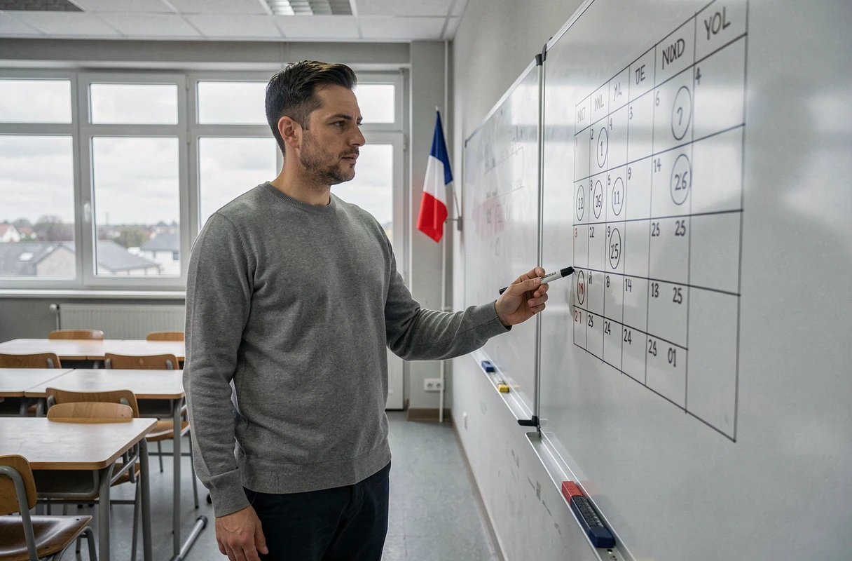 Enseignant devant un tableau de calendrier illustrant les dates de paiement du pacte enseignant