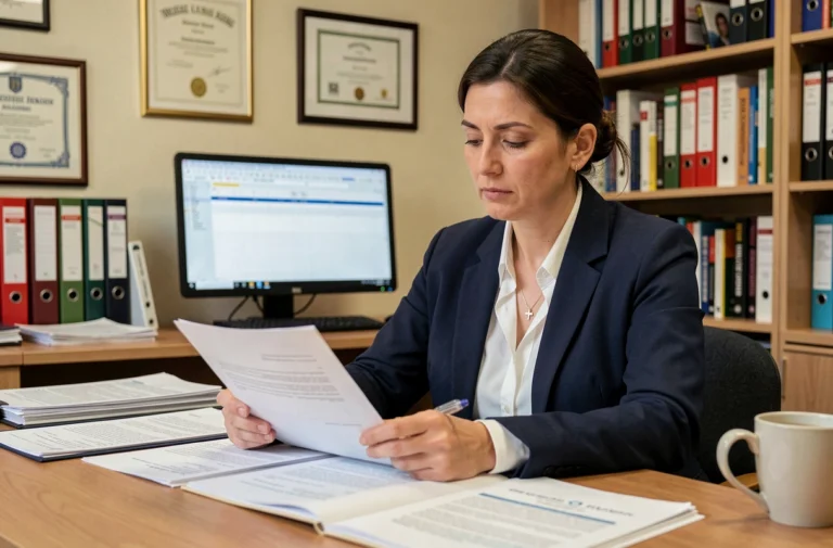 Enseignante examinant les documents du pacte enseignant 2025 dans un bureau scolaire organisé