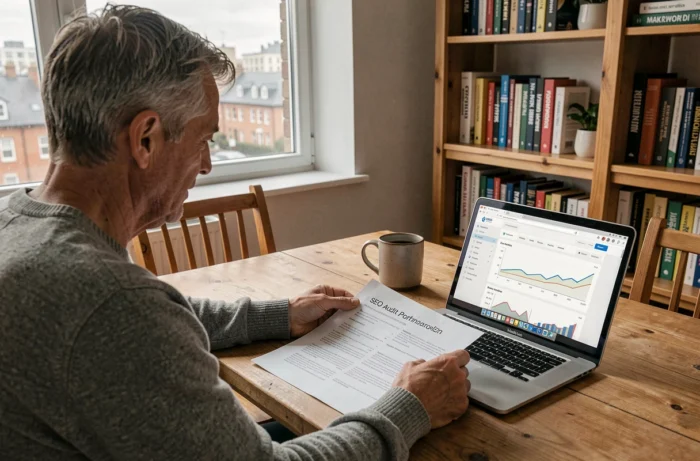 Entrepreneur en télétravail examinant un rapport d'audit SEO imprimé avec un ordinateur portable affichant les performances de son site web