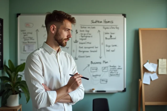Jeune entrepreneur masculin devant un tableau blanc avec un plan d'affaires dans un bureau maison minimaliste
