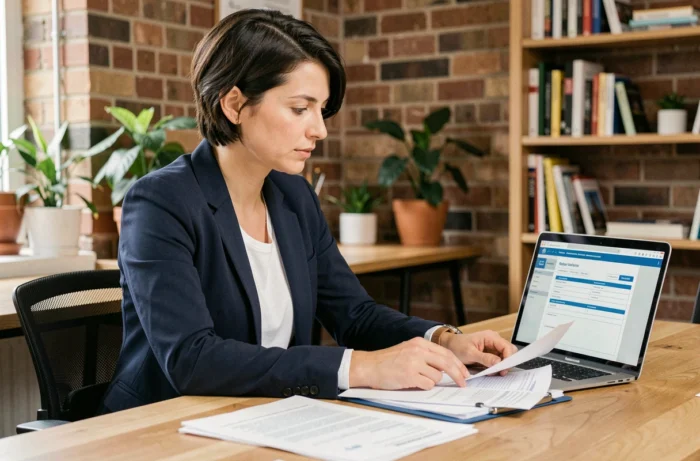 Femme entrepreneur analysant des documents pour choisir son statut juridique avant de lancer une activité de location de matériel