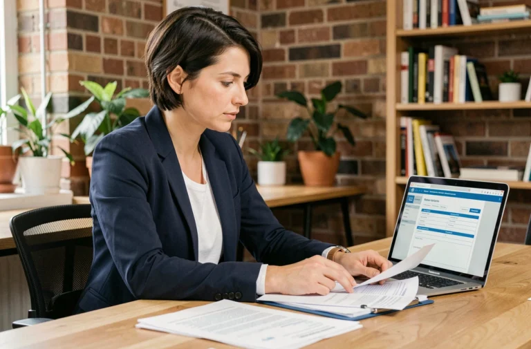 Femme entrepreneur analysant des documents pour choisir son statut juridique avant de lancer une activité de location de matériel