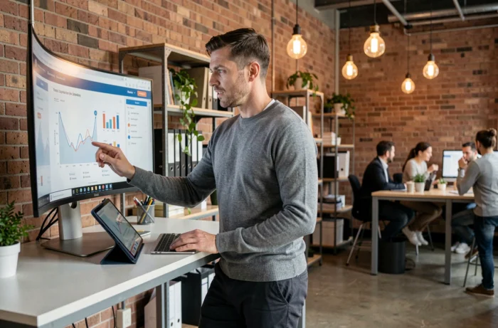Entrepreneur masculin analysant des données d'activité en ligne dans un espace de coworking moderne