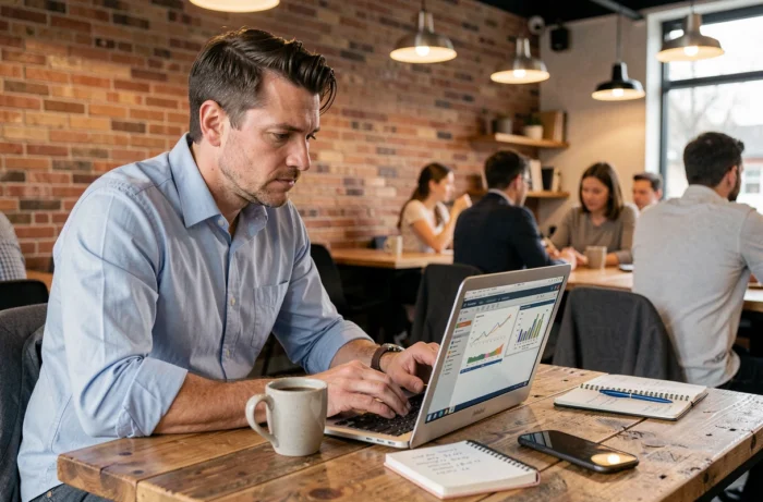 Entrepreneur travaillant sur un logiciel de gestion financière dans un espace de coworking