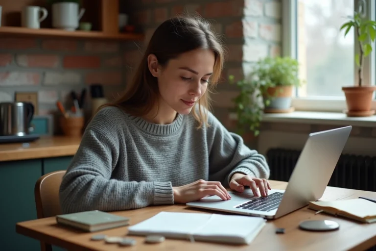 Jeune femme entrepreneur gérant son budget serré avec un carnet et des billets sur une table de cuisine