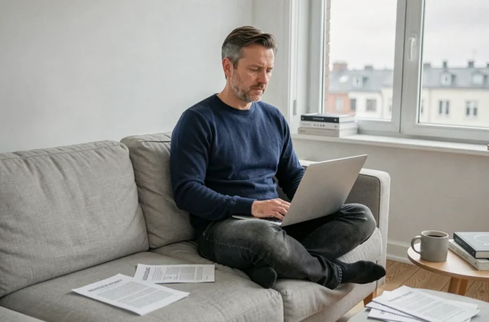 Entrepreneur en télétravail travaillant sur une stratégie SEO avec un ordinateur portable et des documents de recherche de mots-clés dans un bureau à domicile minimaliste