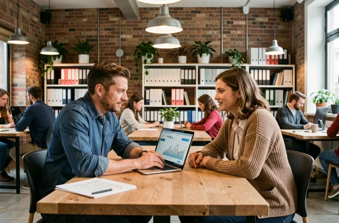 Deux entrepreneurs français discutant de stratégie business autour d'un ordinateur portable dans un espace de co-working moderne à Lyon