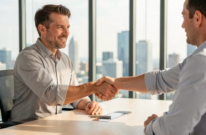 Candidat en entretien d'embauche serrant la main d'un recruteur dans une salle de réunion moderne pour décrocher un emploi