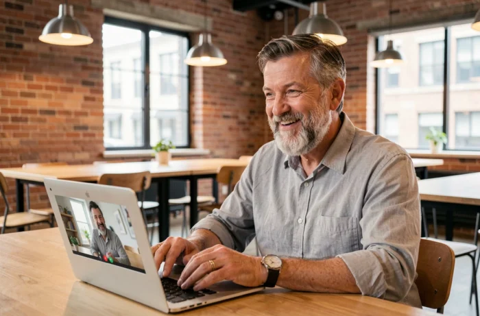 Manager conduisant un entretien d'embauche en visioconférence dans un espace de coworking moderne