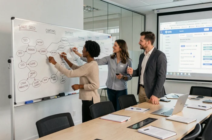 Équipe de marketeurs digitaux collaborant autour d'un tableau blanc avec des schémas de stratégie SEO, de contenu et de netlinking lors d'une session de travail en agence