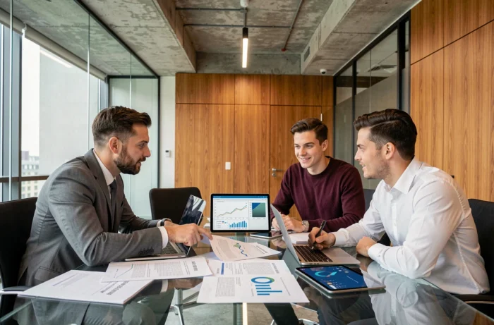 Équipe de professionnels en réunion autour de rapports financiers dans une salle de conférence moderne