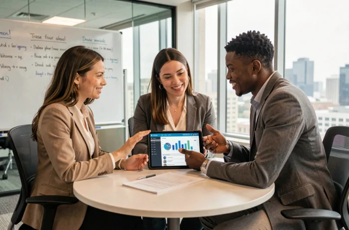 Équipe RH collaborant autour d'une plateforme de recrutement numérique lors d'une réunion en salle de conférence