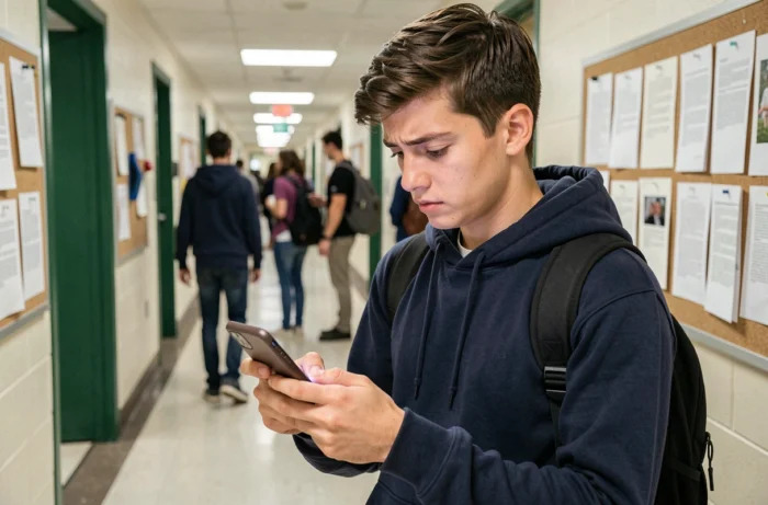 Étudiant consultant le support technique MyCampus Eduservices en urgence depuis son smartphone sur le campus