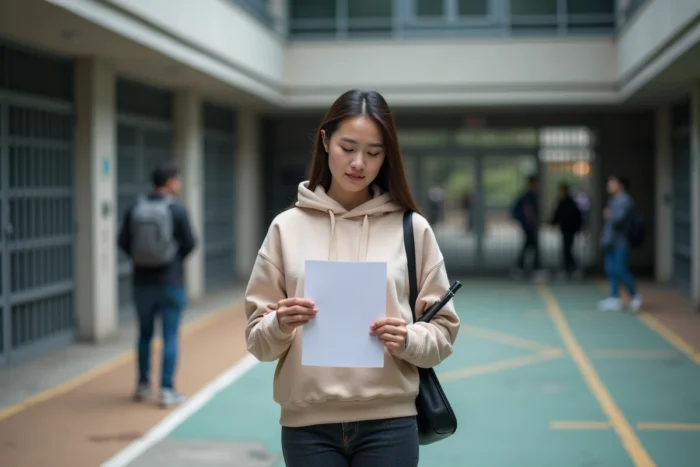 Étudiante consultant sa convocation baccalauréat devant l'entrée de son lycée