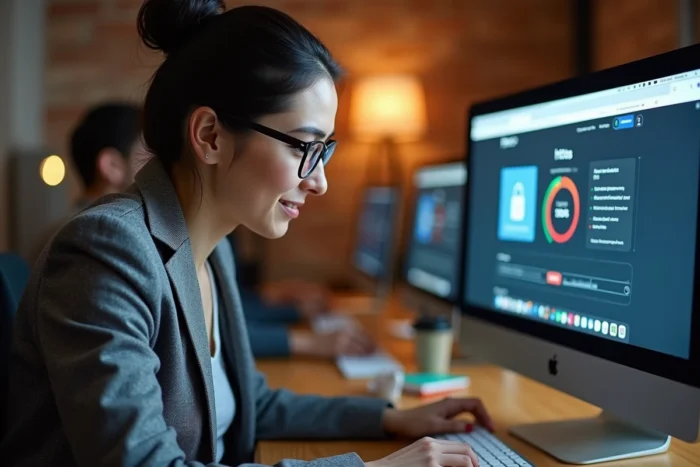 Une femme professionnelle évaluant les indicateurs de sécurité d'un site web dans un espace de coworking