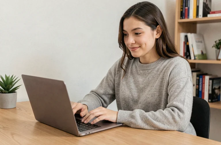 Jeune femme naviguant sur Instagram depuis un ordinateur portable sans créer de compte, dans un bureau à domicile moderne