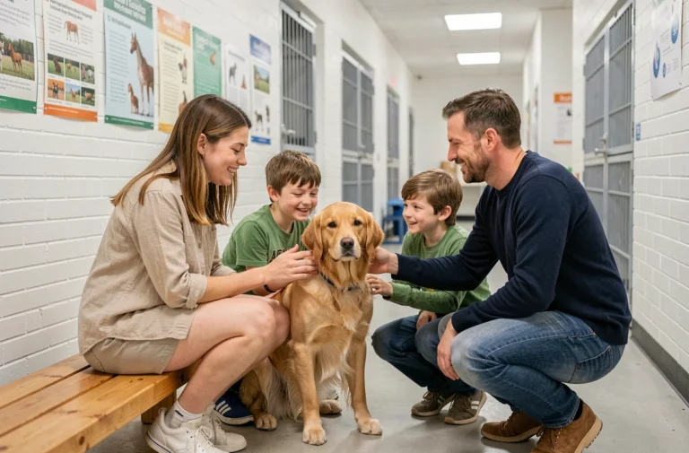Une famille souriante adoptant un chien dans un refuge animalier moderne et accueillant