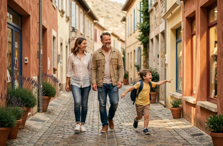 Famille en voyage se promenant dans une rue pittoresque d'un village du sud de la France avec enfants