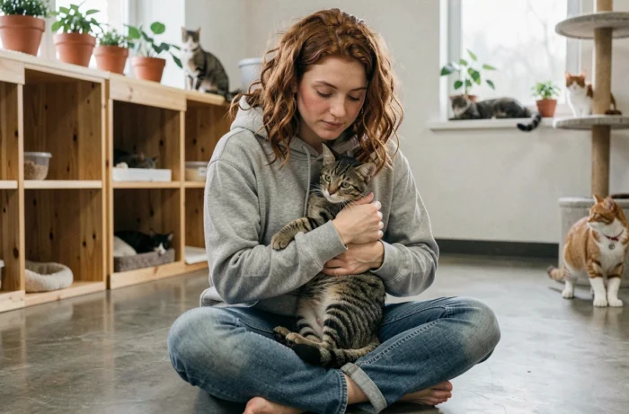 Une femme tenant tendrement un chaton dans une salle d'adoption féline d'un refuge