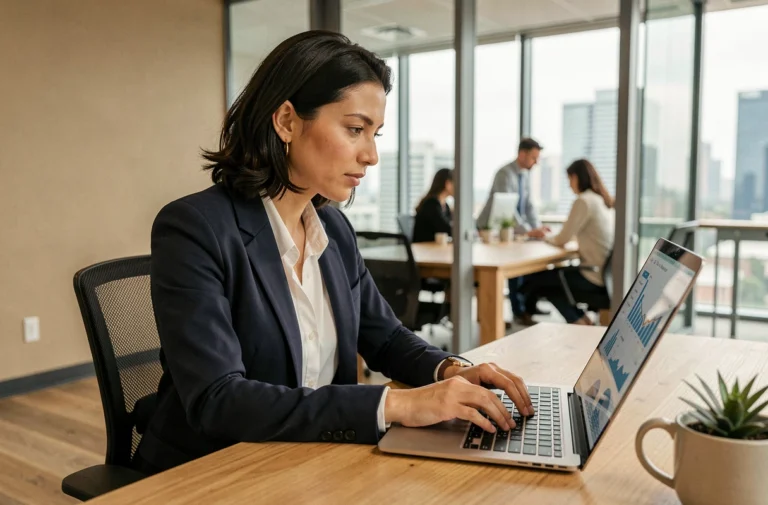 Femme d'affaires consultant un tableau de bord en ligne sur son ordinateur portable dans un bureau moderne