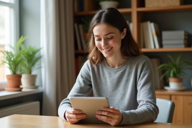 Femme utilisant une application de santé sur une tablette dans un bureau à domicile lumineux et moderne