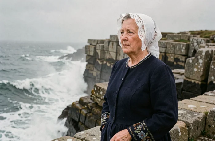 Femme bretonne en costume traditionnel avec coiffe en dentelle blanche sur la côte rocheuse de Finistère, vagues de l'Atlantique en arrière-plan