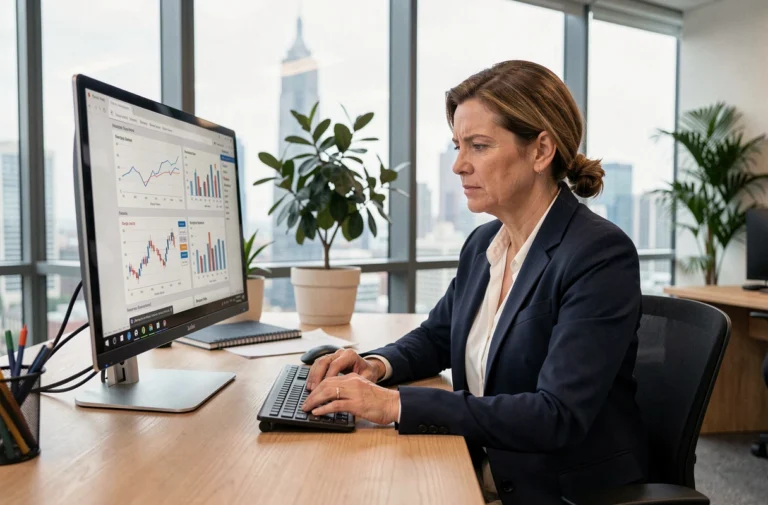 Femme cadre dirigeante analysant des tableaux financiers sur ordinateur dans un bureau moderne