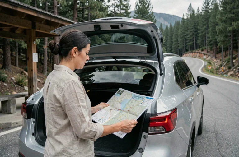 Femme consultant une carte routière appuyée sur un SUV moderne lors d'un arrêt en route de montagne