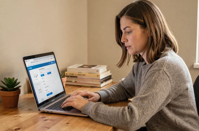 Femme changeant le mot de passe WiFi de sa box Orange depuis un ordinateur portable à domicile