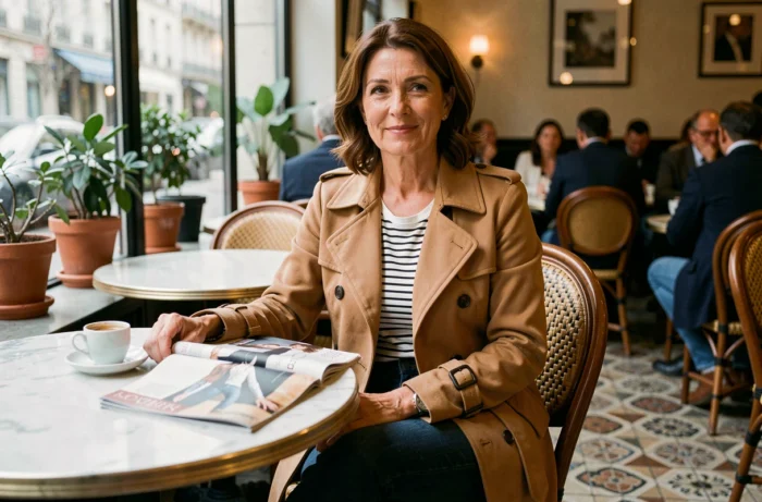 Femme chic en trench coat camel assise dans un café parisien avec une tenue élégante au quotidien