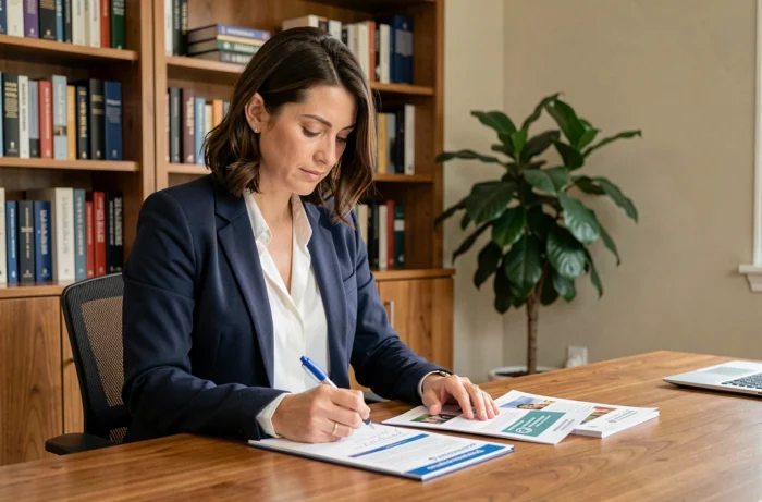 Femme professionnelle en blazer marine analysant des brochures de formation dans un bureau à domicile organisé