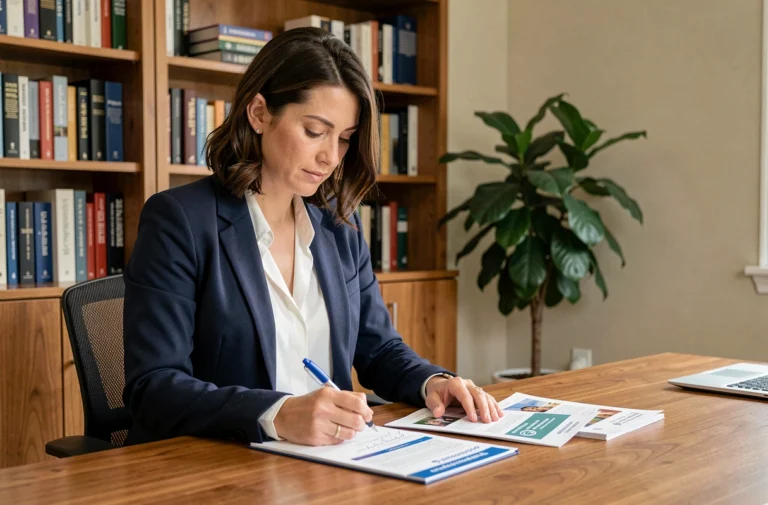 Femme professionnelle en blazer marine analysant des brochures de formation dans un bureau à domicile organisé