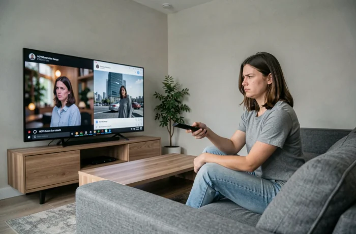 Femme comparant la qualité HDTS et HD sur un téléviseur dans un salon moderne