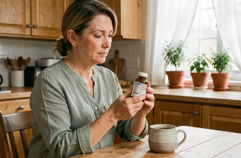 Femme d'âge moyen lisant l'étiquette d'un complément alimentaire Hepaliv à table dans sa cuisine, témoignage utilisateur authentique